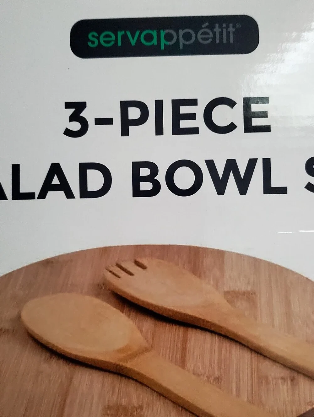 servappétit 3-Piece Salad Bowl Set with Bamboo Lid & Servers - Natural Brown
